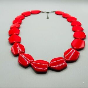 Vintage large red flat Pentagon Shaped beads hand-knotted 28 inch necklace